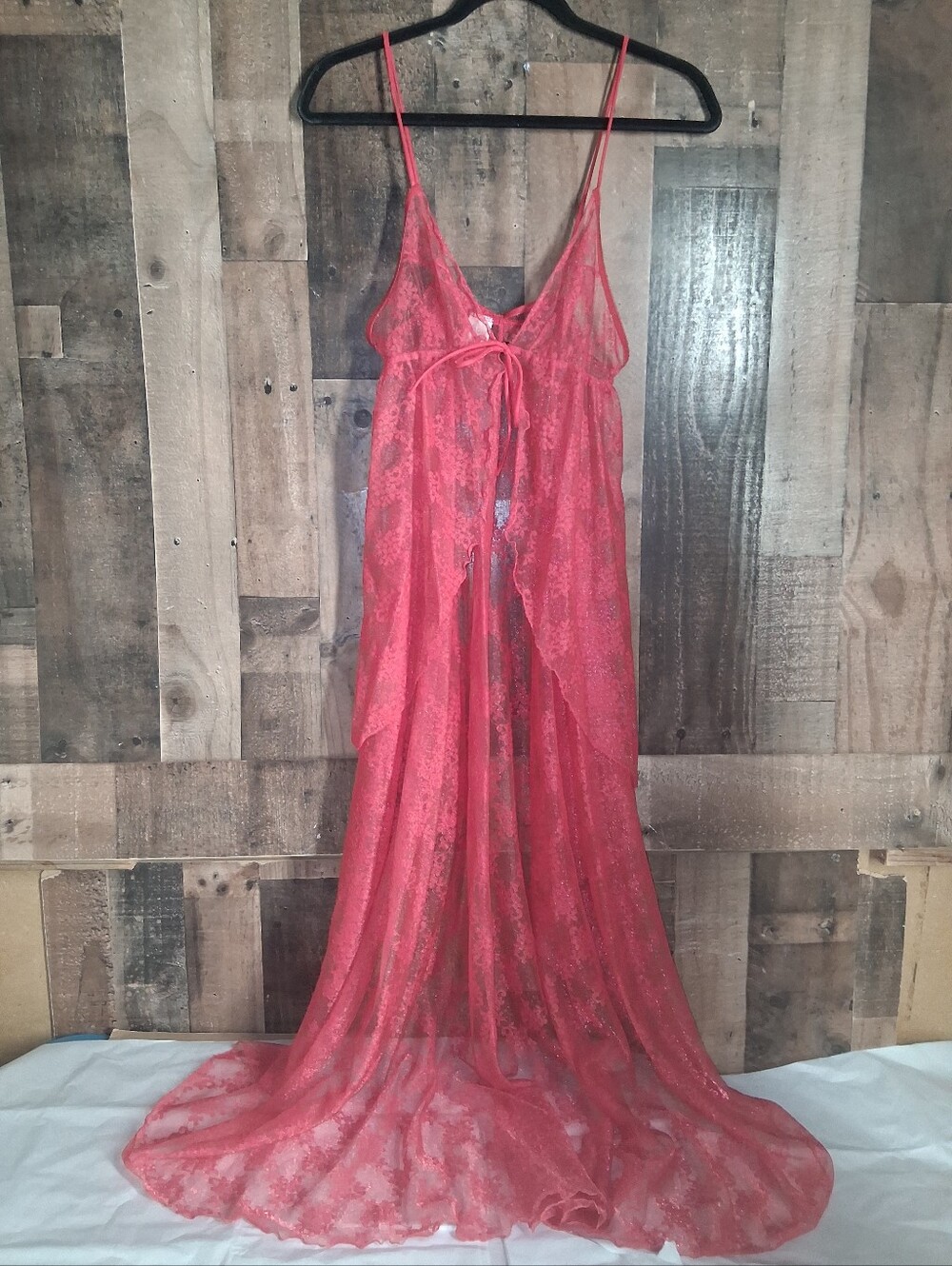 Vintage Shirley of Hollywood Red Lace Nylon Lingerie Nightgown Open Front